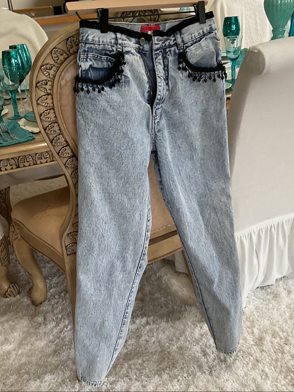 Light Wash Boyfriend Jeans with Black Bead Trim